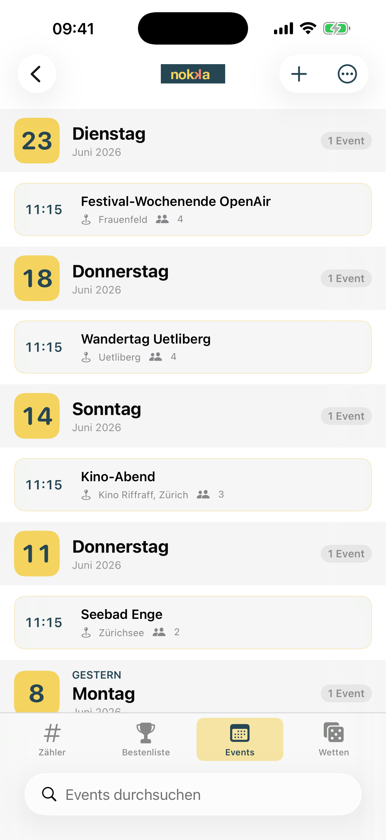 Events mit Foto, Ort und Wetter