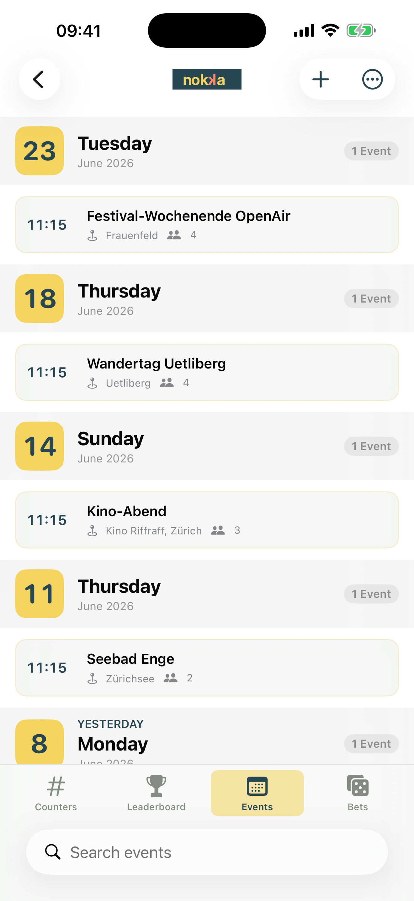 Events with photo, location and weather